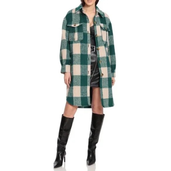 𝅺AVEC Les Filles Longline Buffalo Check Coat Revolve Green Plaid Shacket - Picture 1 of 6